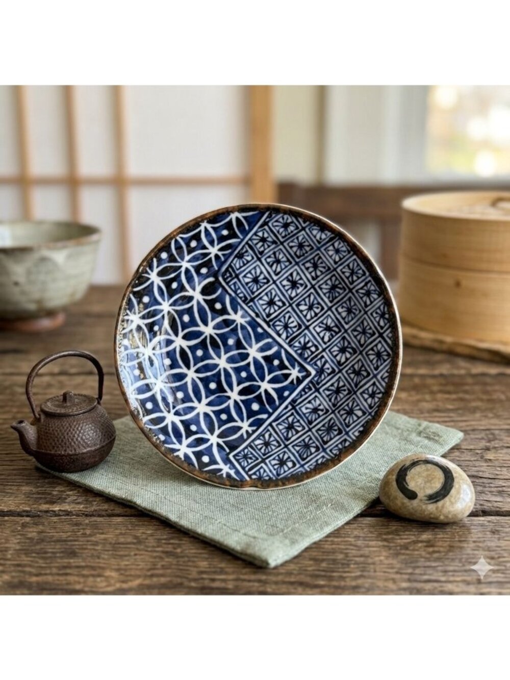 Vintage Arita Yaki Shoho Blue White 5" Plate Geometric Shippo Hanabishi Japan - Picture 1 of 6